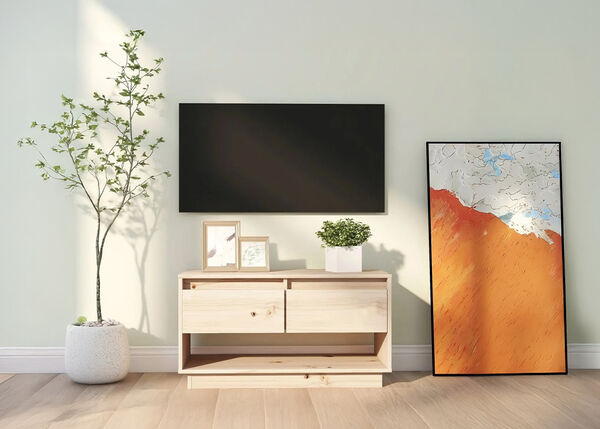 Rust&iacute;skt vi&eth;ar sj&oacute;nvarpsh&uacute;sgagn me&eth; flatskj&aacute;, geymslusk&aacute;pum, sv&iacute;fandi hillu og sveitast&iacute;ls skrauti, fullkomi&eth; fyrir n&uacute;t&iacute;malega stofuh&ouml;nnun.