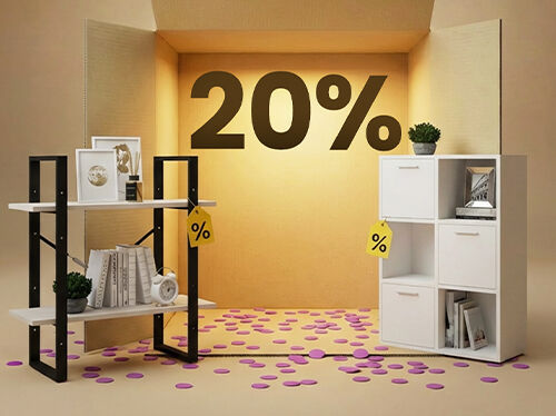 M&iacute;nimal&iacute;skar hillur &uacute;r sv&ouml;rtum m&aacute;lmi og lj&oacute;sum vi&eth;i me&eth; hv&iacute;tum geymslukubbum &iacute; kassalaga framsetningu, me&eth; 20% afsl&aelig;tti af geymsluh&uacute;sg&ouml;gnum.