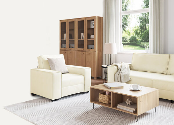 Hv&iacute;tur tveggja s&aelig;ta s&oacute;fi me&eth; p&uacute;&eth;um og teppi; innandyra.