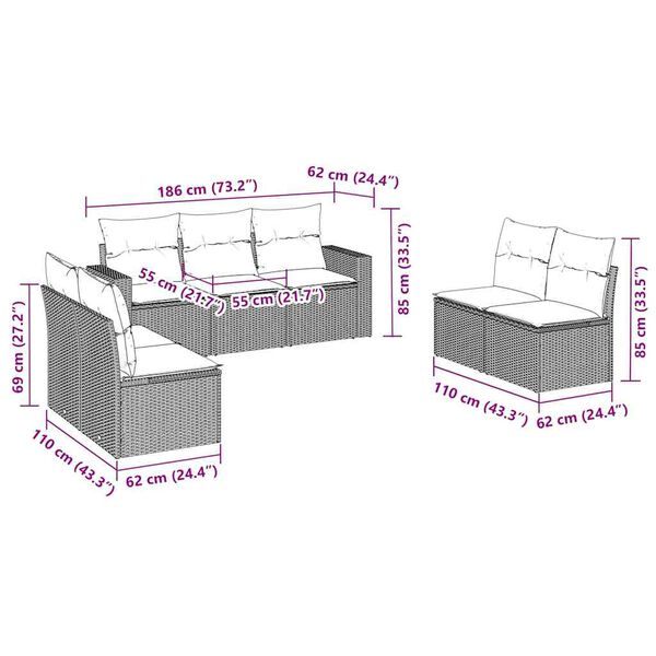 vidaXL 7 Parta Garðsófasett með Sætispúðum Brúnt Pólýrattan