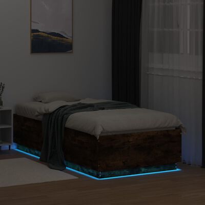 vidaXL Rúmgrind með LED án Dýnu Reyktóna Eikarlitur 90x190 cm