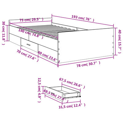 vidaXL Rúmgrind með Skúffum án Dýnu Sonoma Eikarlitur 75x190 cm