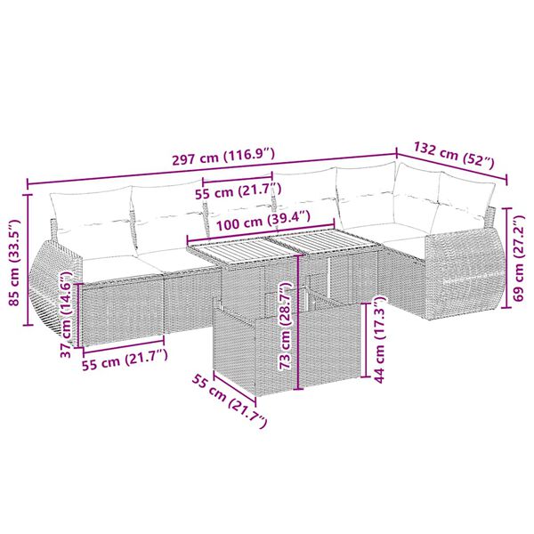 vidaXL 7 Hluta Gar&eth;s&oacute;fasett me&eth; Sessum Drapplita&eth; P&oacute;l&yacute;rattan