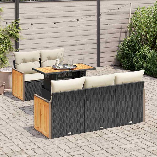 vidaXL 6 stykki gar&eth;s&oacute;fasett me&eth; p&uacute;&eth;um Black Poly Rattan Acacia
