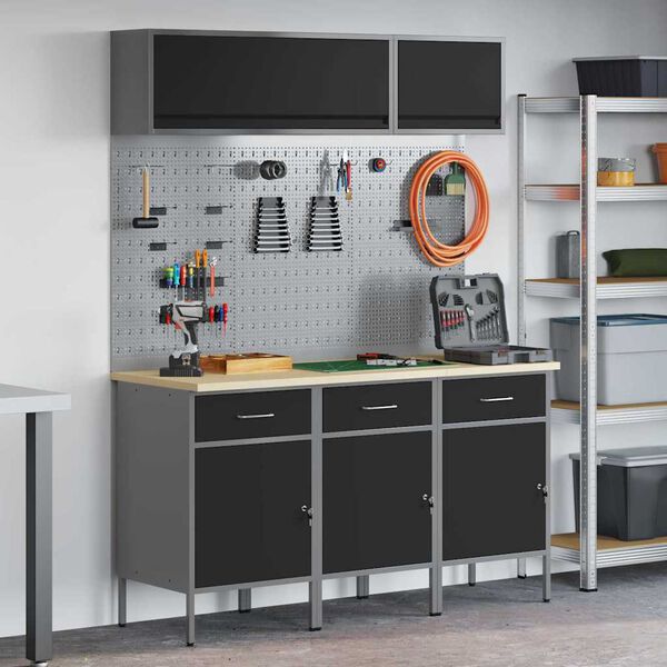 vidaXL Vinnusk&aacute;paset 8 pcs Svartur Pulverlita&eth;ur st&aacute;l og hanna&eth; tr&eacute;