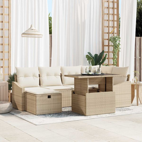 vidaXL Gar&eth;s&oacute;fa sett me&eth; p&uacute;&eth;i 7 pcs Drapplita&eth;ur p&oacute;l&yacute;rattan