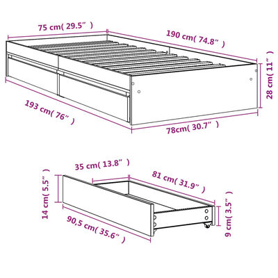 vidaXL Rúmgrind með Skúffum án Dýnu Svartur 75x190 cm