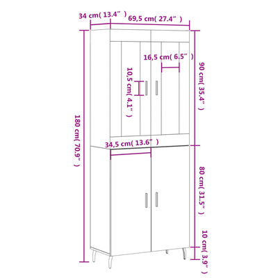 vidaXL Hár Skápur Svartur 69,5x34x180 cm Samsettur Viður