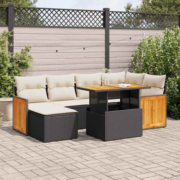 vidaXL 7 stykki gar&eth;s&oacute;fasett me&eth; p&uacute;&eth;um Black Poly Rattan Acacia