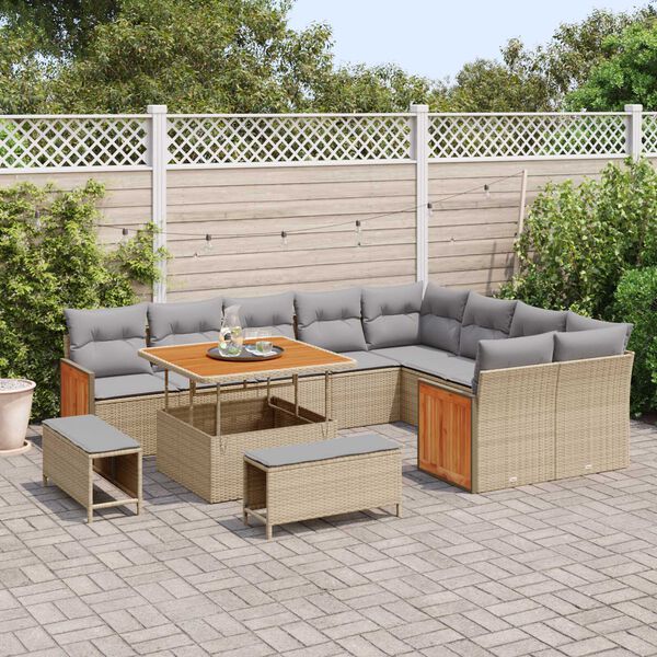 vidaXL Gar&eth;s&oacute;fa sett me&eth; p&uacute;&eth;i 13 pcs Beige og lj&oacute;sgr&aacute;r p&oacute;l&yacute;rattan