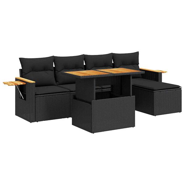 vidaXL 6 stykki gar&eth;s&oacute;fasett me&eth; p&uacute;&eth;um Black Poly Rattan Acacia