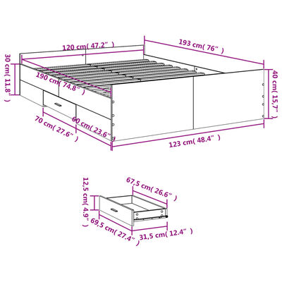 vidaXL Rúmgrind með Skúffum án Dýnu Sonoma Eikarlitur 120x190 cm