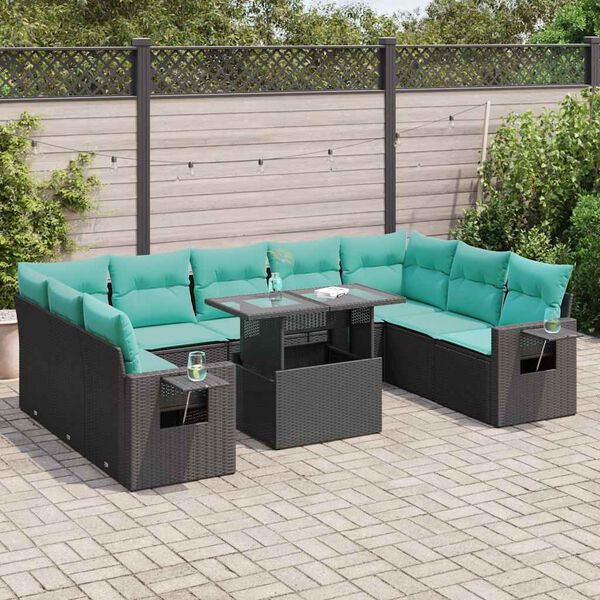 vidaXL 10 bita gar&eth;s&oacute;fasett me&eth; p&uacute;&eth;um Black Poly Rattan Acacia
