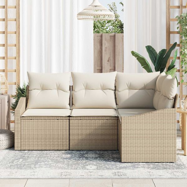 vidaXL Gar&eth;s&oacute;fa sett me&eth; p&uacute;&eth;i 4 pcs Beige og Hv&iacute;tt p&oacute;l&yacute;rattan