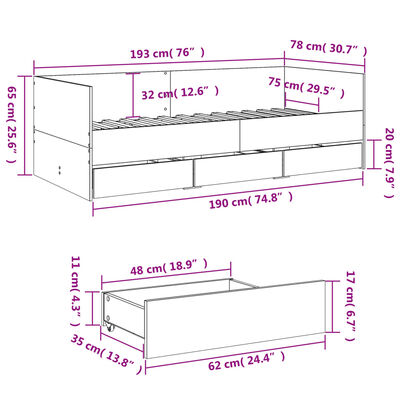 vidaXL Svefnbekkur með Skúffum án Dýnu Hvít 75x190 cm