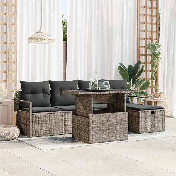 vidaXL Gar&eth;s&oacute;fa sett me&eth; p&uacute;&eth;i me&eth; geymslu 6 pcs Gr&aacute;r Poly rattan
