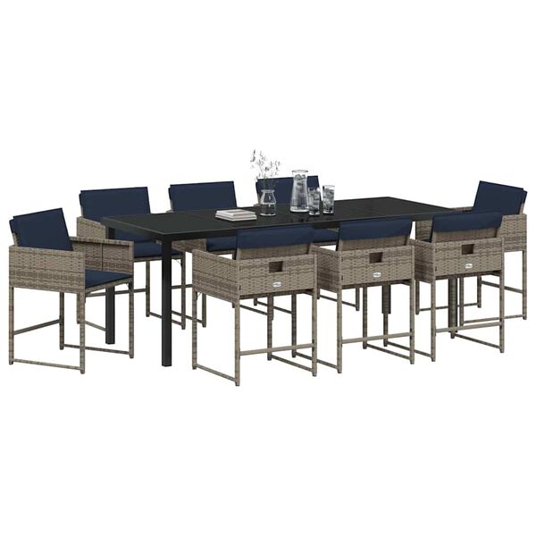 vidaXL Gar&eth;ur bor&eth;sett me&eth; p&uacute;&eth;i 9 pcs Gr&aacute;r p&oacute;l&yacute;rattan