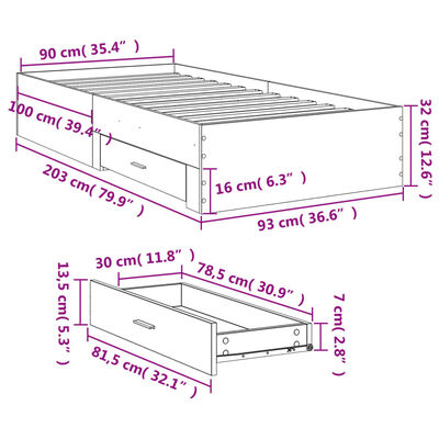 vidaXL Rúmgrind með Skúffum án Dýnu Sonoma Eikarlitur 90x200 cm