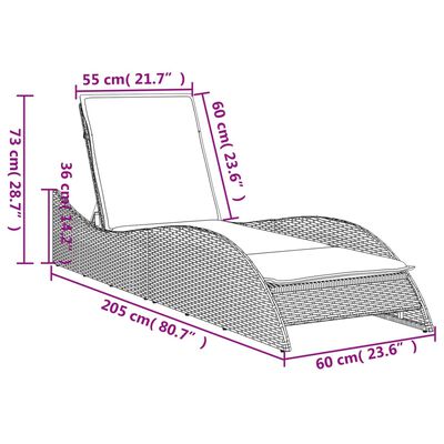 vidaXL Sólbekkur með Sessu 60x205x73 cm Drappað Pólýrattan