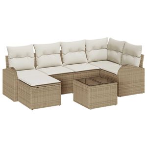 vidaXL S&oacute;fasett me&eth; p&uacute;&eth;i me&eth; geymslu 7 pcs Beige og Hv&iacute;tt p&oacute;l&yacute;rattan