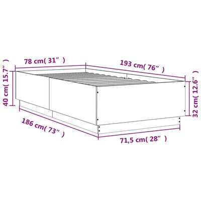 vidaXL Rúmgrind með LED án Dýnu Reyktóna Eikarlitur 75x190 cm