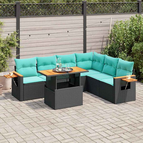 vidaXL 7 stykki gar&eth;s&oacute;fasett me&eth; p&uacute;&eth;um Black Poly Rattan Acacia