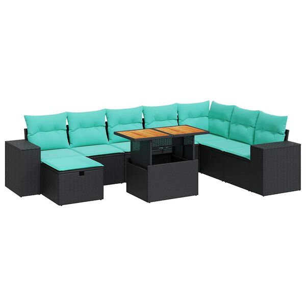 vidaXL 9 stykki gar&eth;s&oacute;fasett me&eth; p&uacute;&eth;um Black Poly Rattan Acacia