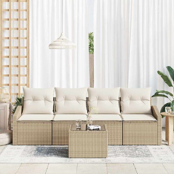 vidaXL S&oacute;fasett me&eth; p&uacute;&eth;i me&eth; kodda 5 pcs Beige og krem p&oacute;l&yacute;rattan
