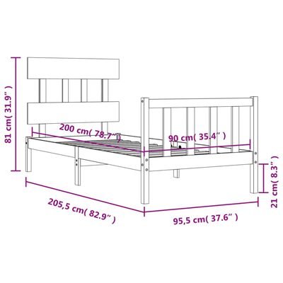 vidaXL Rúmgrind með Höfuðgafli Hvítu 90x200 cm Gegnheil viðar