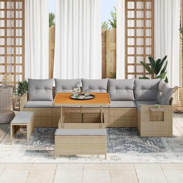 vidaXL Gar&eth;s&oacute;fa sett me&eth; p&uacute;&eth;i 11 pcs Beige og lj&oacute;sgr&aacute;r p&oacute;l&yacute;rattan