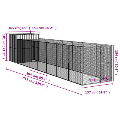 vidaXL Hundakofi með Útisvæði Ljósgrár 165x863x181 cm Sinkhúðað Stál