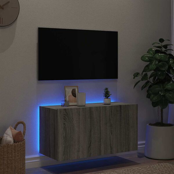 vidaXL Veggsjónvarpsskápur með LED-ljósum Grá sonoma eik 80x35x41 cm