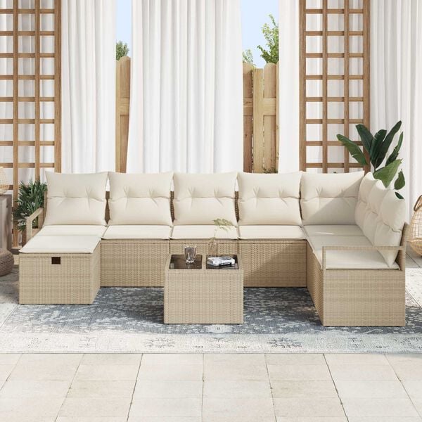 vidaXL S&oacute;fasett me&eth; p&uacute;&eth;i me&eth; geymslu 9 pcs Beige og krem p&oacute;l&yacute;rattan