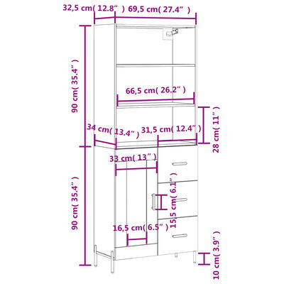 vidaXL Hár Skápur Svartur 69,5x34x180 cm Samsettur Viður