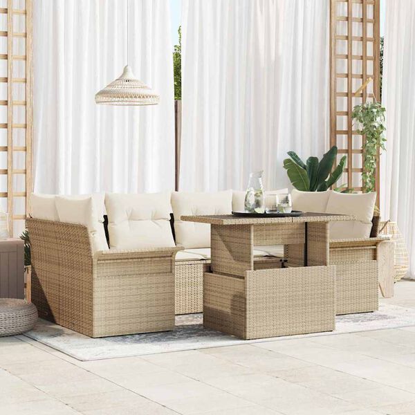 vidaXL Gar&eth;s&oacute;fa sett me&eth; p&uacute;&eth;i 7 pcs Drapplita&eth;ur Poly Rattan