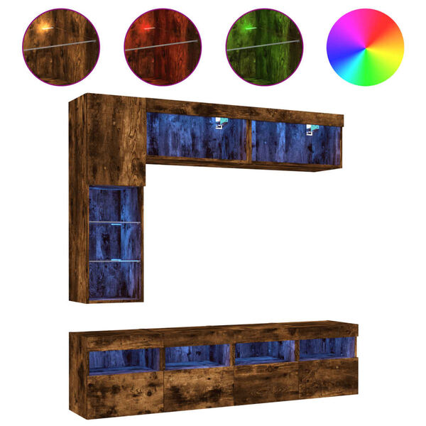 vidaXL 7 Parta Veggfestir Sj&oacute;nvarpssk&aacute;par me&eth; LED-lj&oacute;sum Reykt&oacute;na Eik