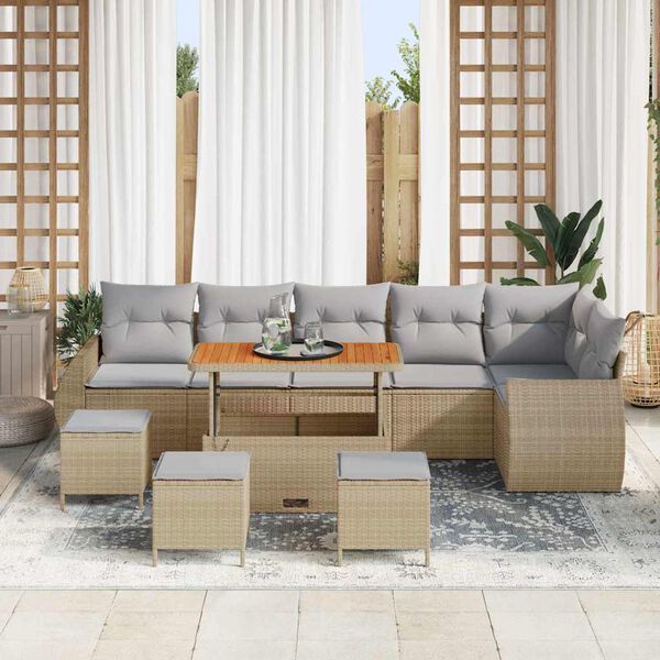 vidaXL Gar&eth;s&oacute;fa sett me&eth; p&uacute;&eth;i 10 pcs Beige og lj&oacute;sgr&aacute;r Poly Rattan