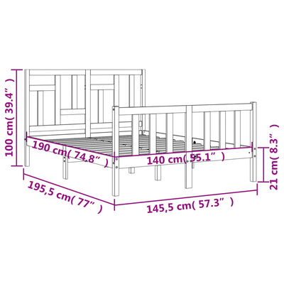 vidaXL Rúmgrind með Höfuðgafli Hvítu 140x190 cm Gegnheil viðar