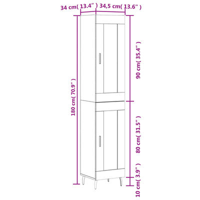 vidaXL Hár Skápur Grár Sonoma 34,5x34x180 cm Samsettur Viður