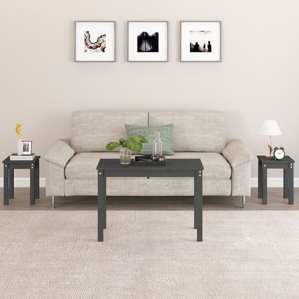 vidaXL Innskotsborð 3 stk. Grár Gegnheil Fura