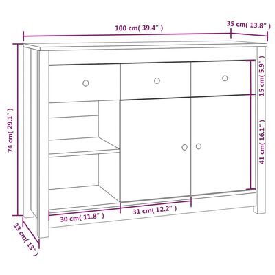 vidaXL Skenkur Ljósbrúnn 100x35x74 cm Gegnheil Fura