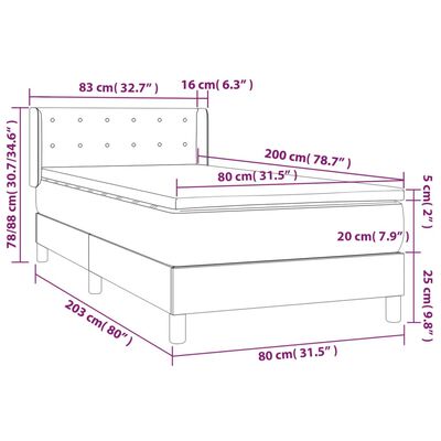 vidaXL Hólfað Springrúm með Dýnu Ljósgrár 80x200 cm Flauel