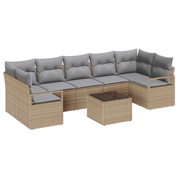 vidaXL Gar&eth;s&oacute;fa sett 8 pcs Beige og Gr&aacute;tt P&oacute;l&yacute;rattan, St&aacute;l og Gler