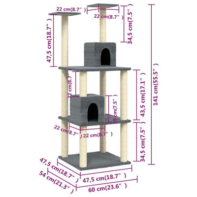 vidaXL Kattatré með Sísalklórustaurum Dökkgrátt 141 cm