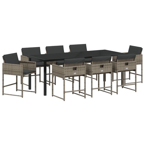 vidaXL Gar&eth;ur bor&eth;sett me&eth; p&uacute;&eth;i 9 pcs Gr&aacute;r p&oacute;l&yacute;rattan