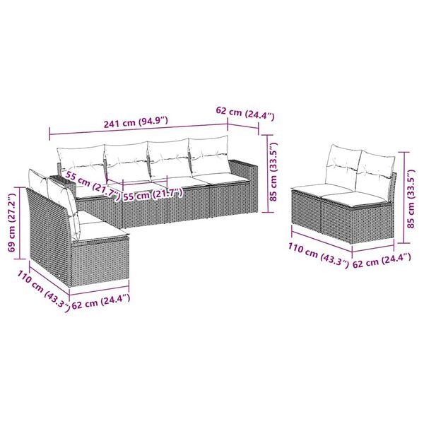 vidaXL 8 Hluta Gar&eth;s&oacute;fasett me&eth; P&uacute;&eth;um Br&uacute;nt P&oacute;l&yacute;rattan