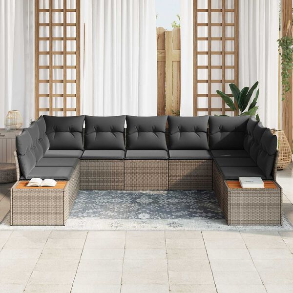 vidaXL Gar&eth;s&oacute;fa sett me&eth; p&uacute;&eth;i 9 pcs Gr&aacute;r Poly rattan