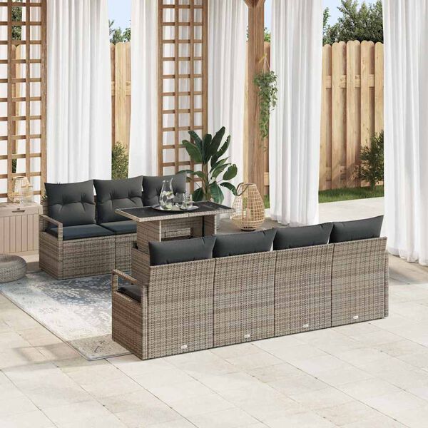 vidaXL Garðsófa sett með púði með geymslu 8 pcs Grár Poly rattan