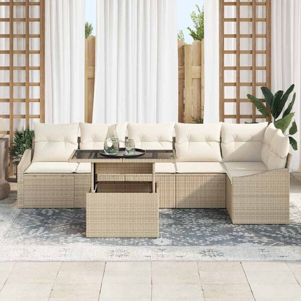 vidaXL Gar&eth;s&oacute;fa sett me&eth; p&uacute;&eth;i 7 pcs Beige og krem p&oacute;l&yacute;rattan