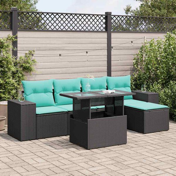 vidaXL 6 stykki gar&eth;s&oacute;fasett me&eth; p&uacute;&eth;um Black Poly Rattan Acacia
